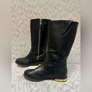 Sperry Black Leather Mid Calf Boots Gold Flat Heel Women Size 6.5